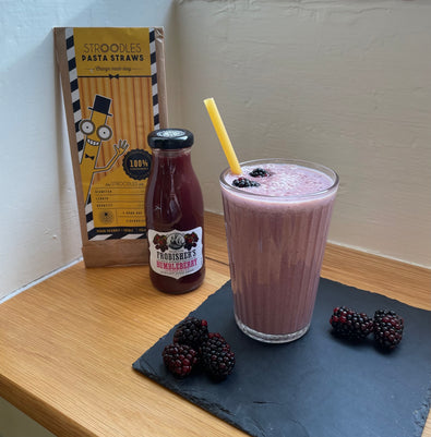 Berry smoothie with Frobishers Bumbleberry Juice and pasta straws